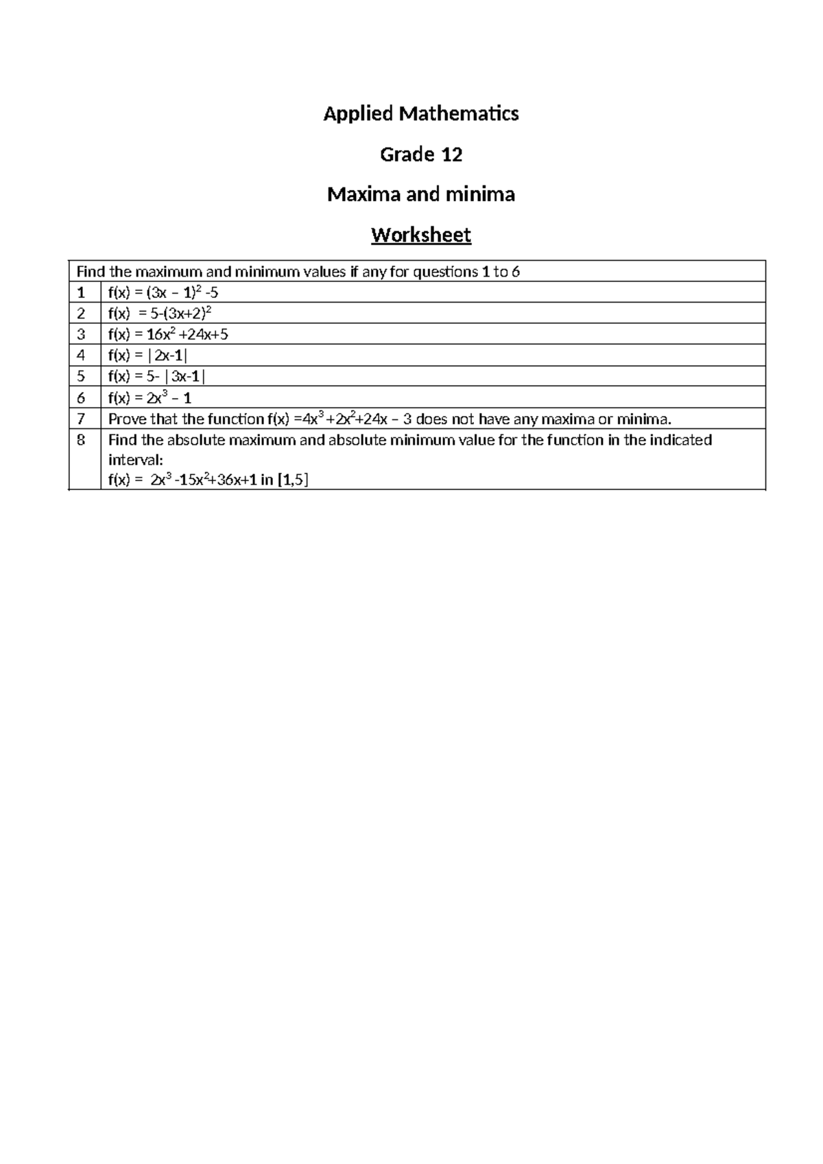 Increasing and decreasing worksheet - Applied Mathematics Grade 12 ...