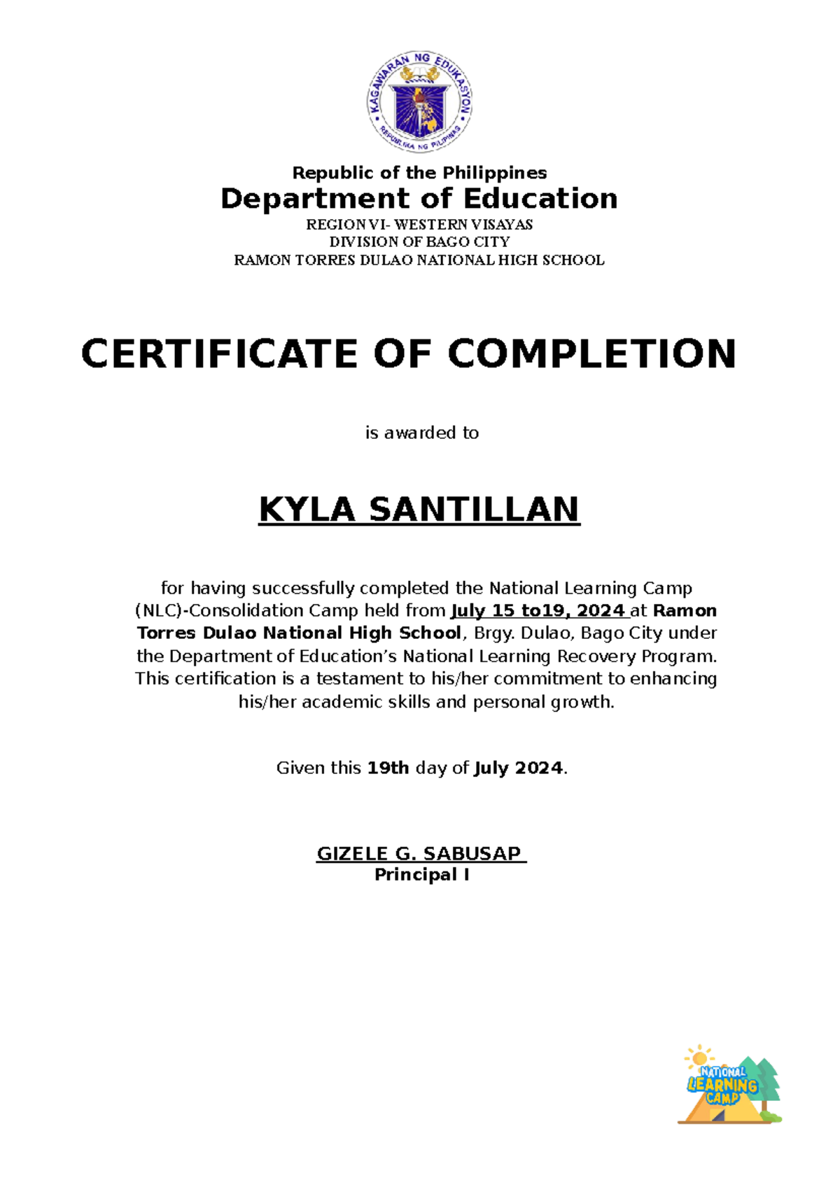 Cert NLC - A template for National Learning Camp Certificate - KYLA ...
