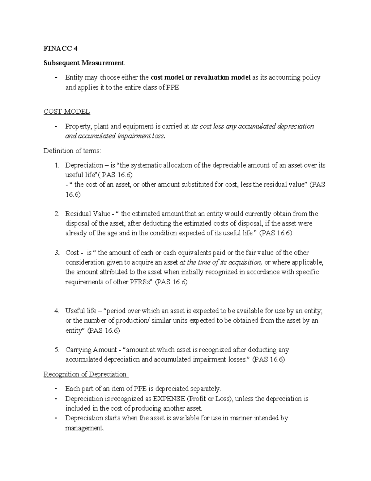 Notes Lectures - FINACC 4 Subsequent Measurement - Entity may choose ...