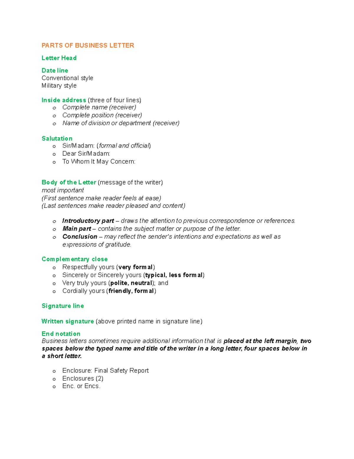 Parts of a business letter - PARTS OF BUSINESS LETTER Letter Head Date line Conventional style - Studocu