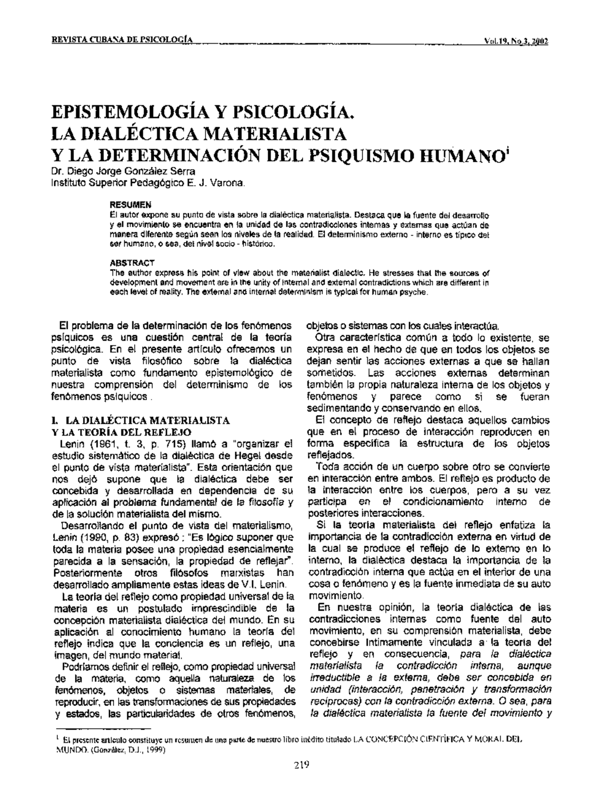 Epistemologia Y Psicologia La Dialectica Materialista Revista Cubana