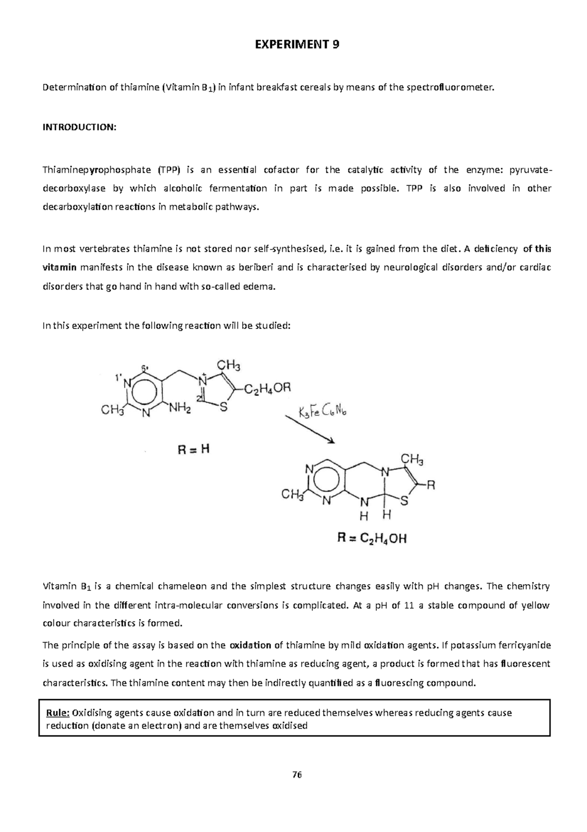 Determination of Thiamine in Baby cereals EXPERIMENT 9 Determination