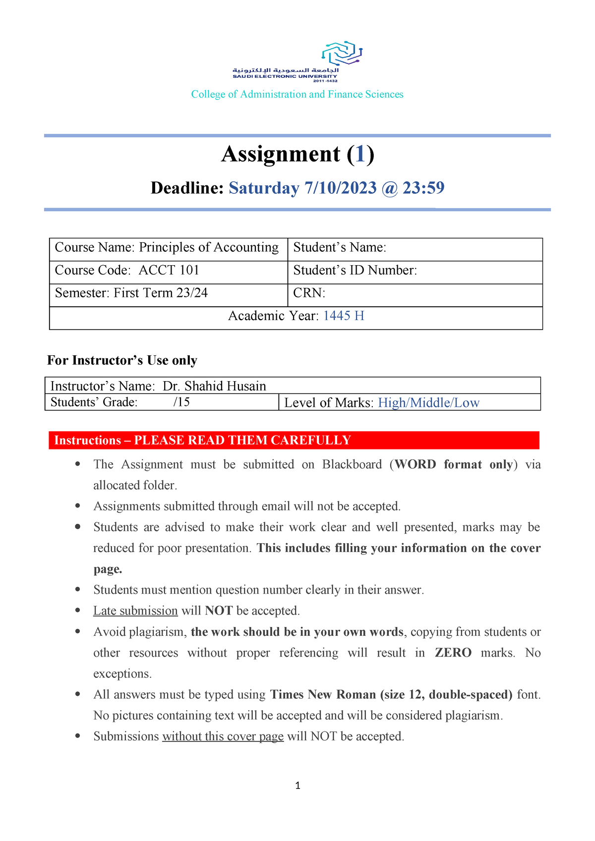 Assignment 1 ACCT101 Questions - Assignment ( 1 ) Deadline: Saturday 7 ...