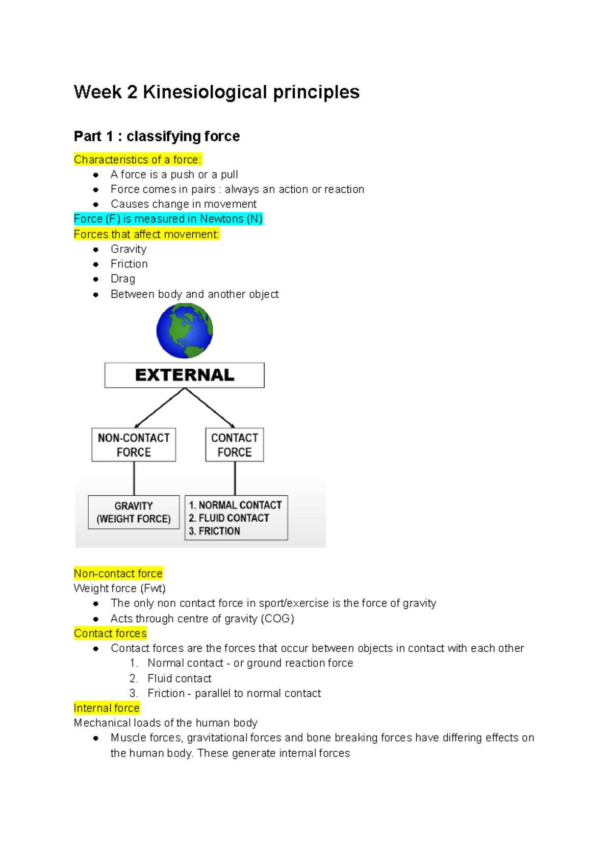 Lecture notes - weeks 1 - 6 - Week 2 Kinesiological principles Part 1 ...