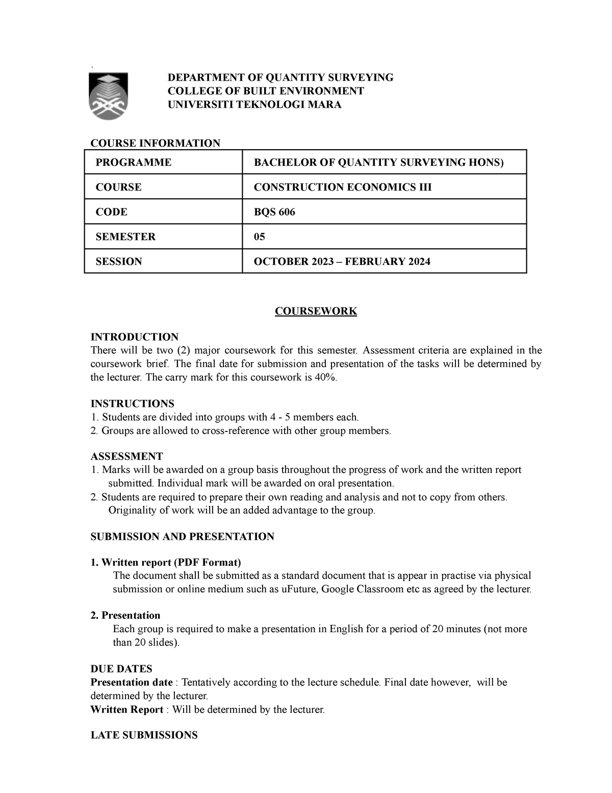 Coursework BQS606 OCT2023 DEPARTMENT OF QUANTITY SURVEYING COLLEGE   Thumb 1200 1553 