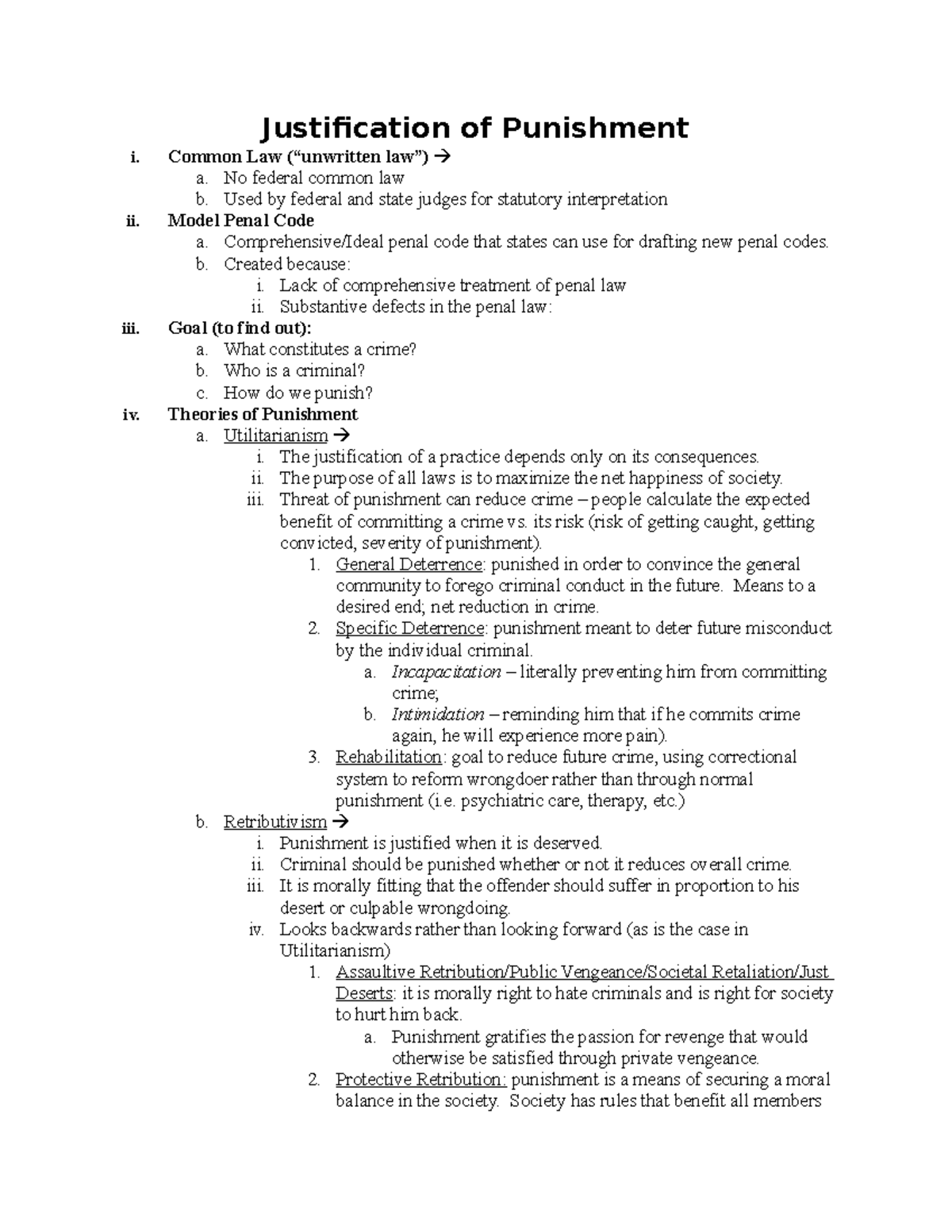 Criminal Law Prof. Savage 1 Justification of Punishment i. Common