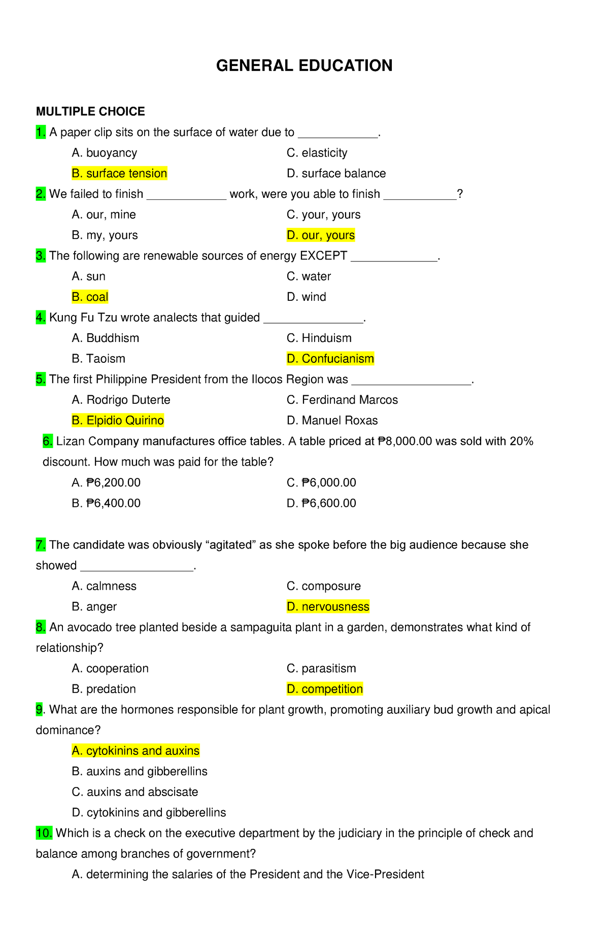 general education sample questions