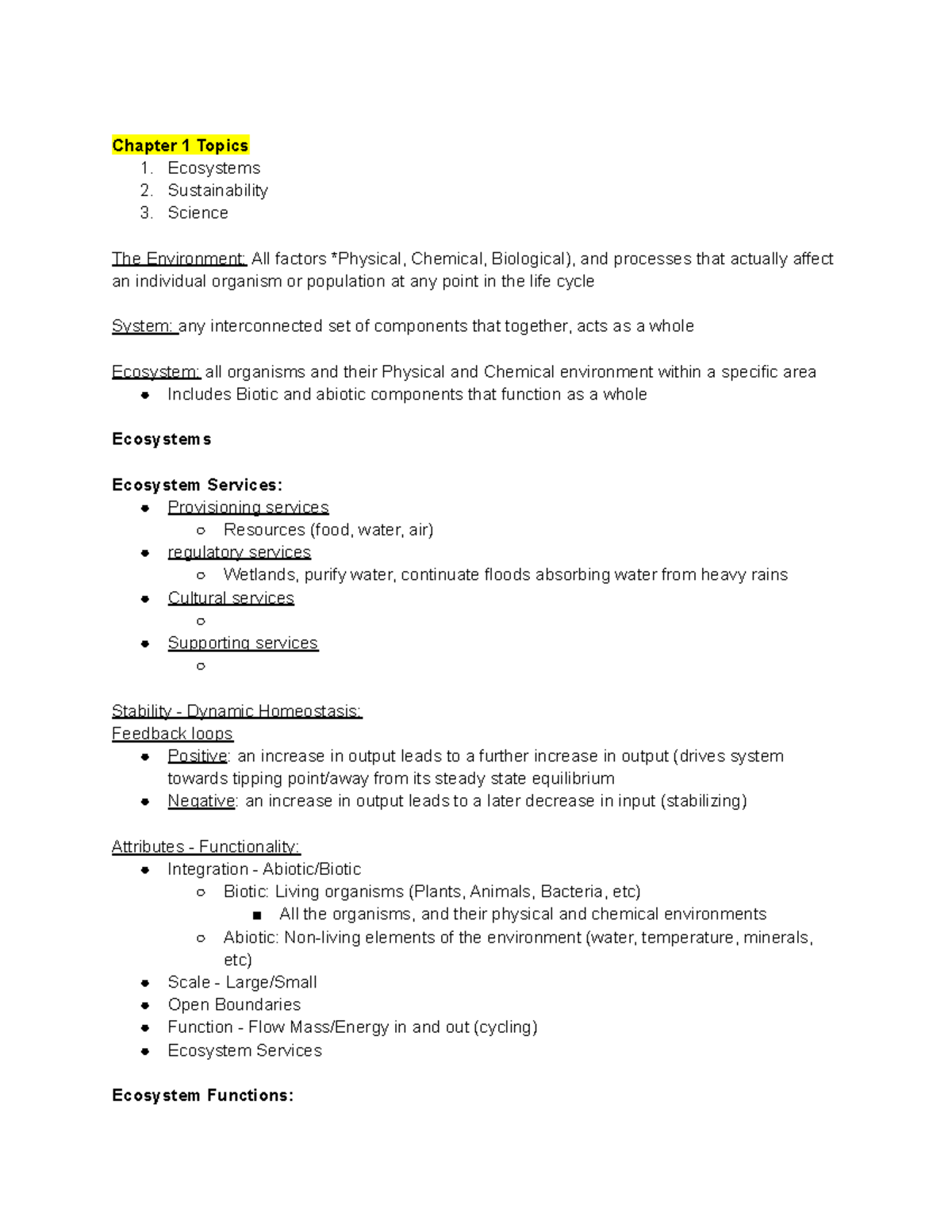 The Environment Chapter 1 Notes - Chapter 1 Topics 1. Ecosystems 2 ...