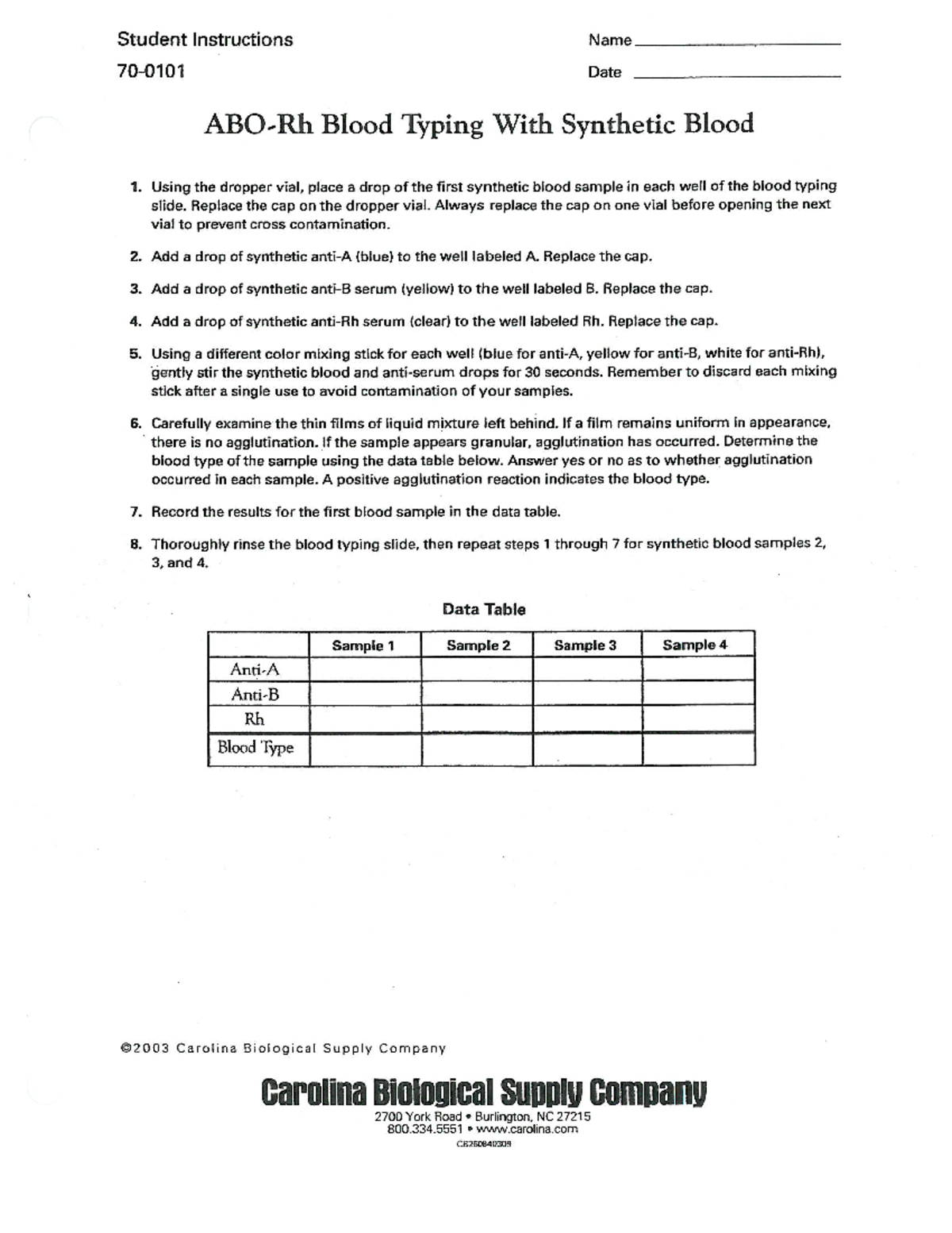 Blood Typing Student (1) - Student Instructions Name Date Blood Typing ...