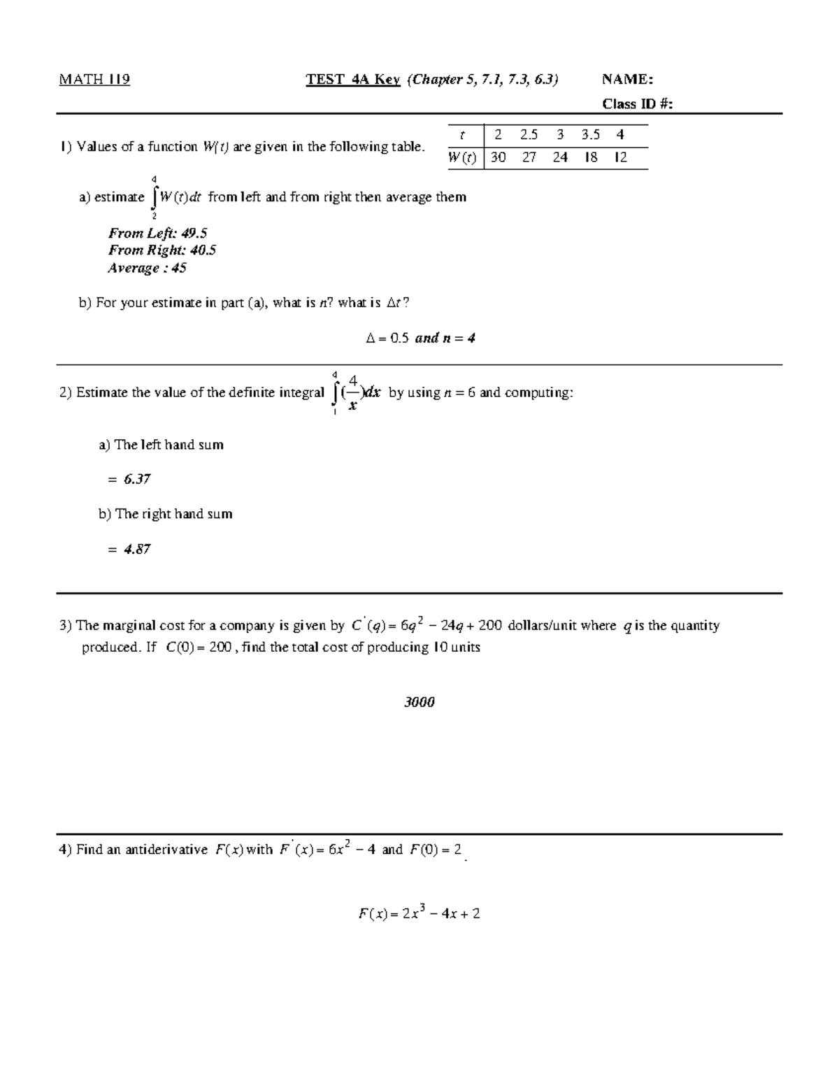 Test 4 A solution MATH 119 TEST 4A Key (Chapter 5, 7, 7, 6) NAME