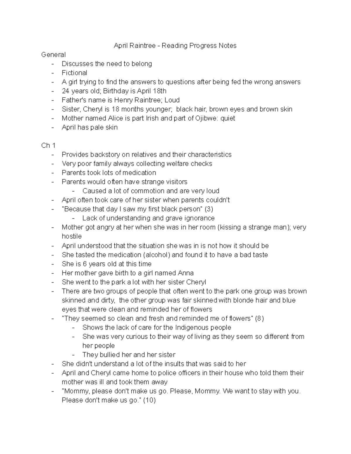 April Raintree Reading Progress Notes April Raintree Reading