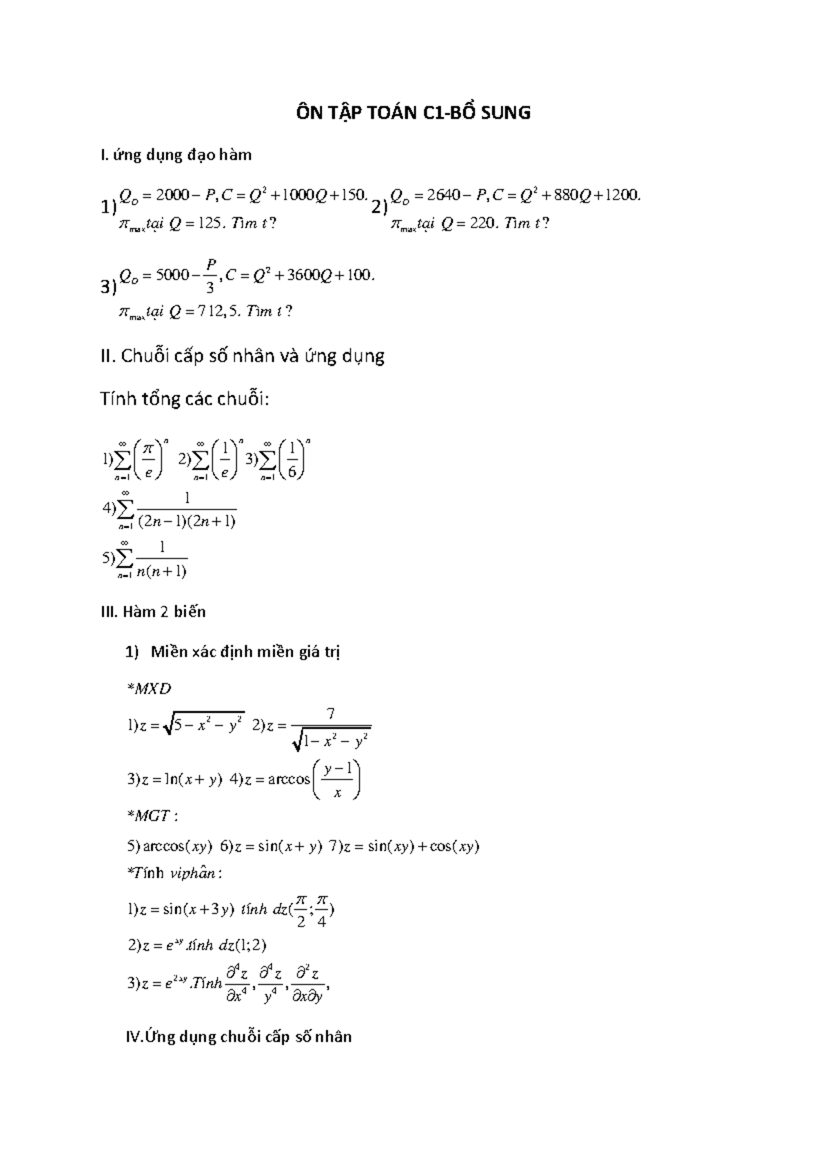 Tcc ÔN TẬP TOÁN C1BỔ SUNG I. ứng dụng đạo hàm 1) 2 max 2000 , 1000