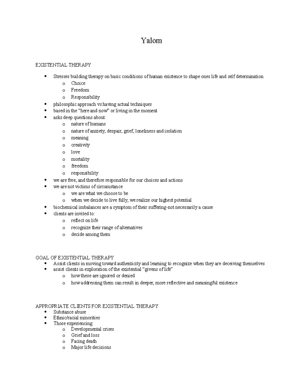 Existential Therapy: Yalom - Yalom EXISTENTIAL THERAPY Stresses ...