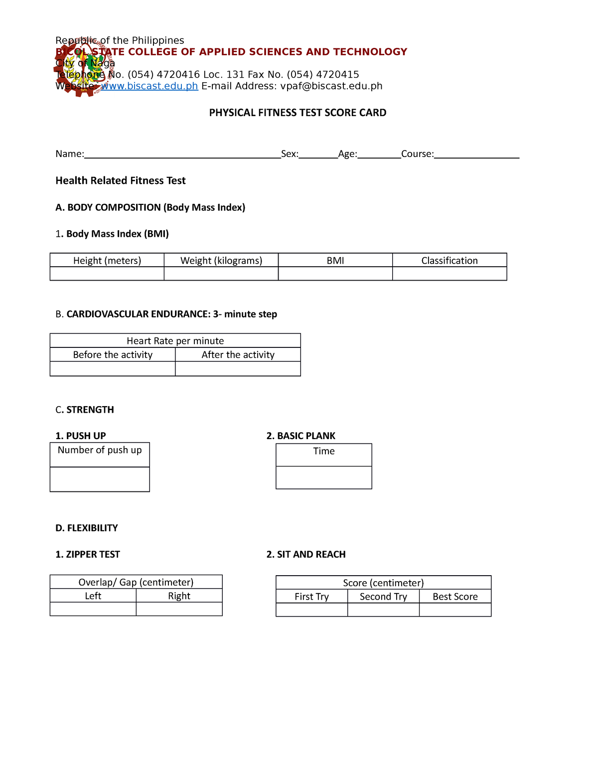 Physical Fitness TEST Score CARD Republic Of The Philippines BICOL   Thumb 1200 1553 