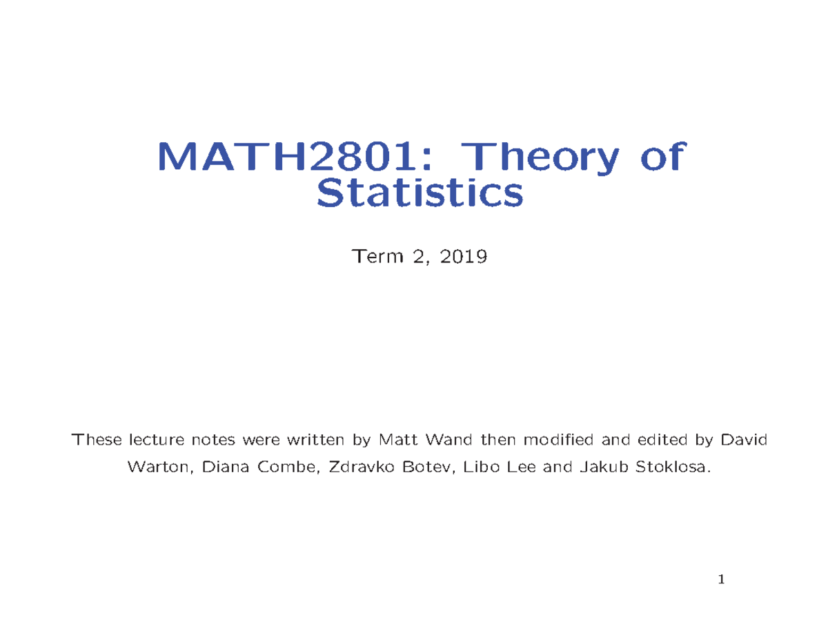 Chapter 1 - MATH2801: Theory of Statistics Term 2, 2019 These lecture ...