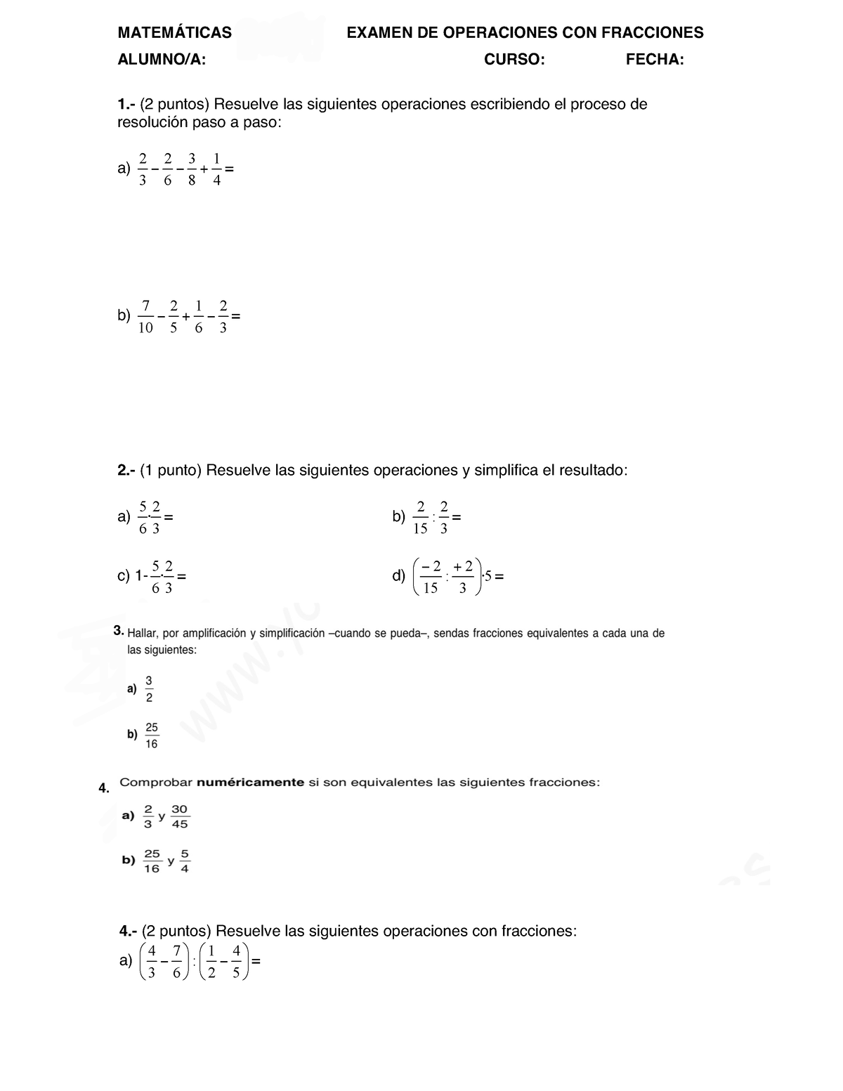 Examen Fracciones MatemÁticas De 2º Es Examen De Operaciones Con Fracciones Alumnoa Curso 6188