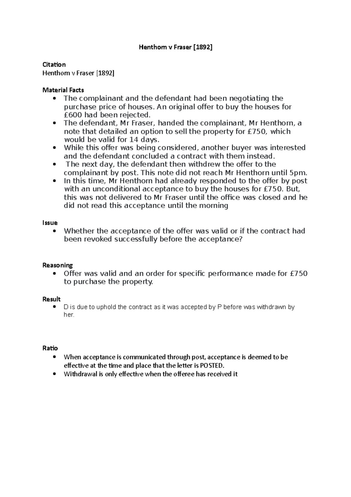 Henthorn v Fraser Contract case summary from llbcontracts LLB 170