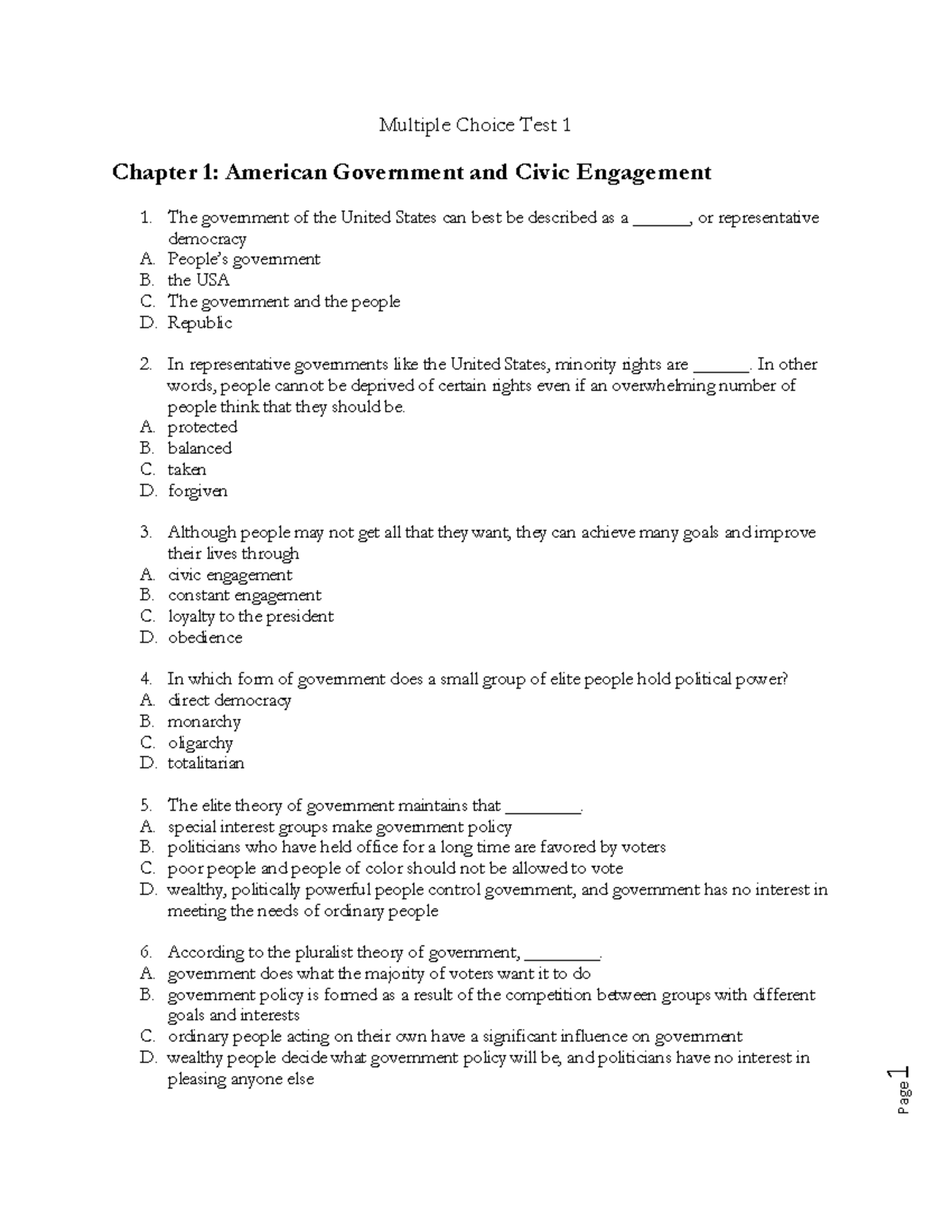 Test #1 - POS 207 Spring 2022 - Page 1 Multiple Choice Test 1 Chapter 1 ...