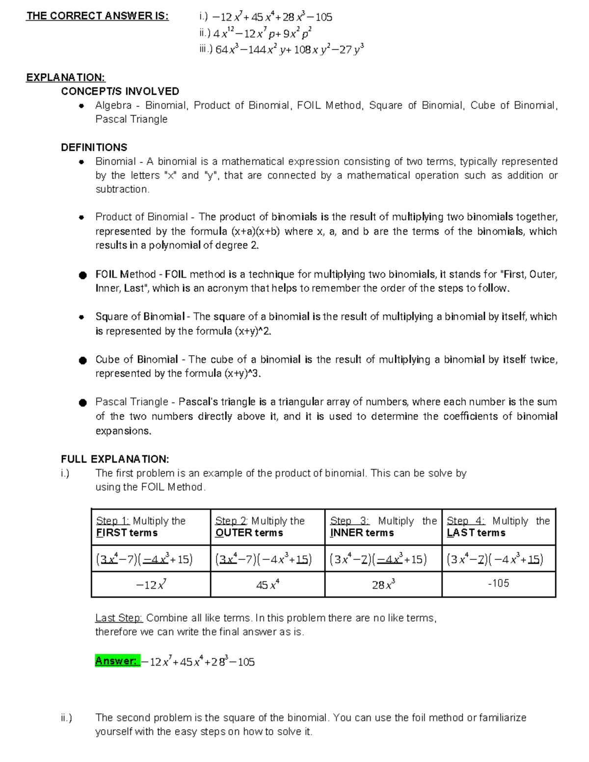 Algebra:- Binomial, Product of Binomial, FOIL Method, Square of ...