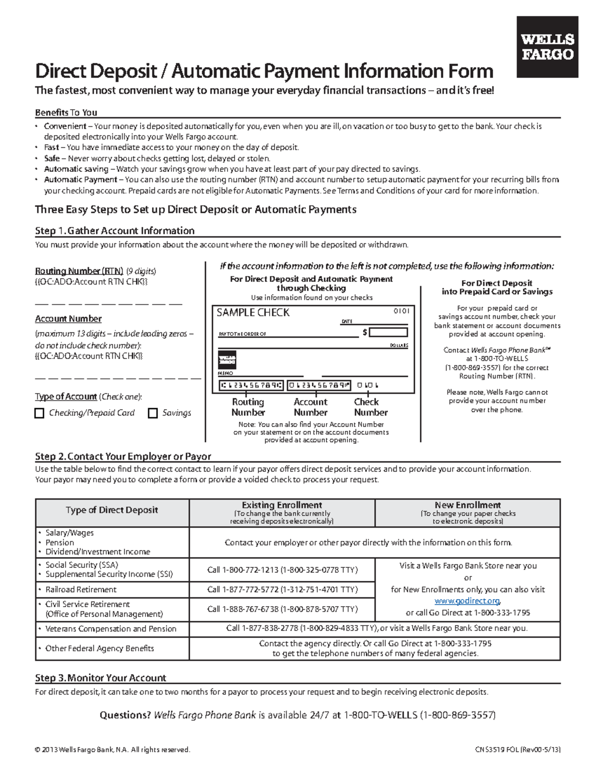 Wells fargo direct deposit form Type of Direct Deposit Direct Deposit