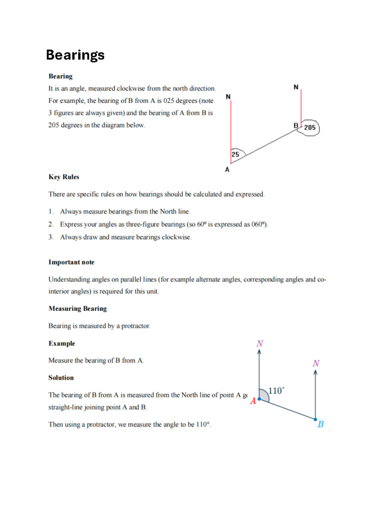 Bearings - N N For example, the bearing of B from A is 025 degrees ...
