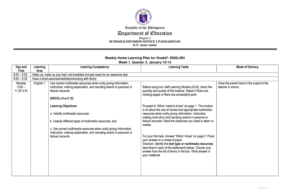 Learning Plan Week 1 Q3 Eng 7 - Bsed- English - PangSU - Studocu