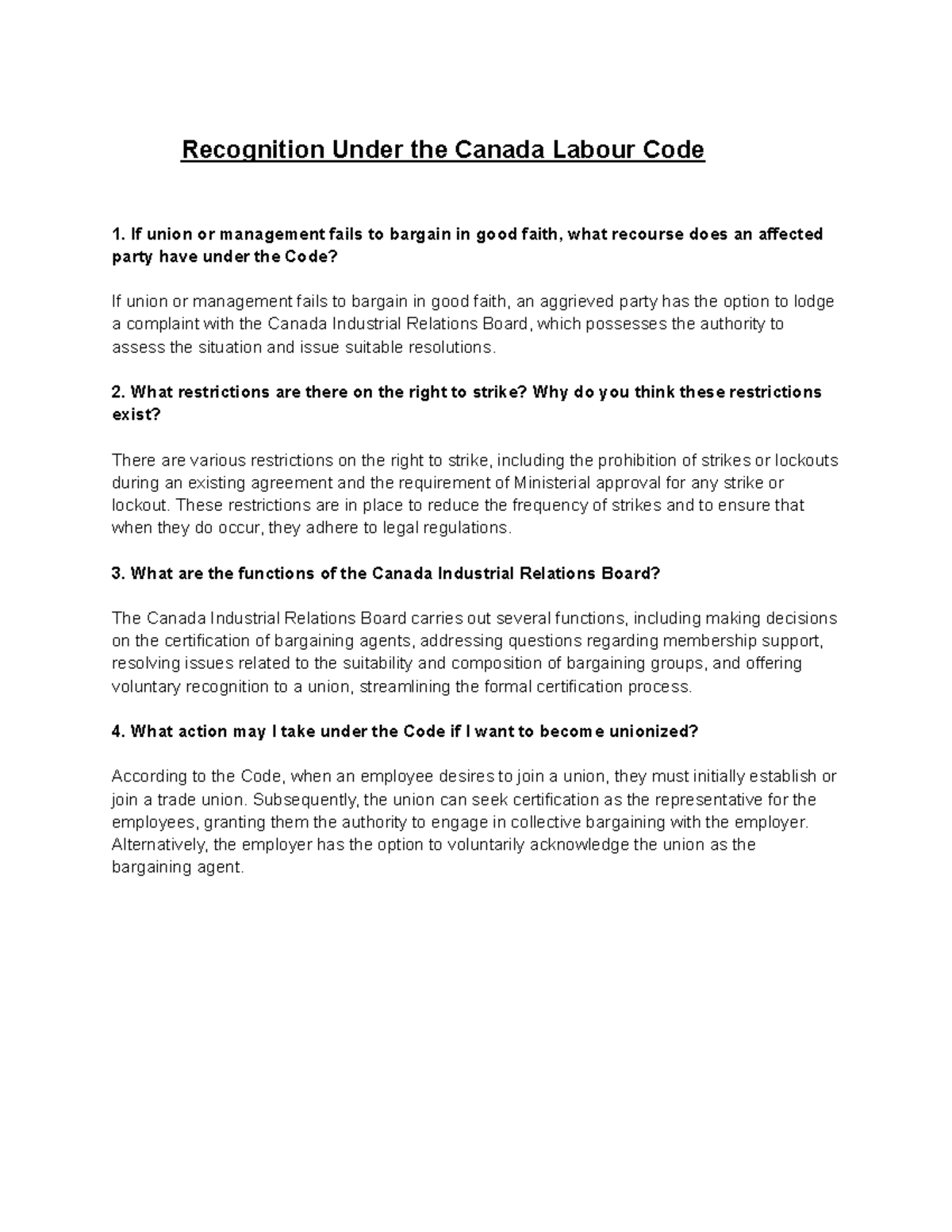 Labor relations Recognition Under the Canada Labour Code