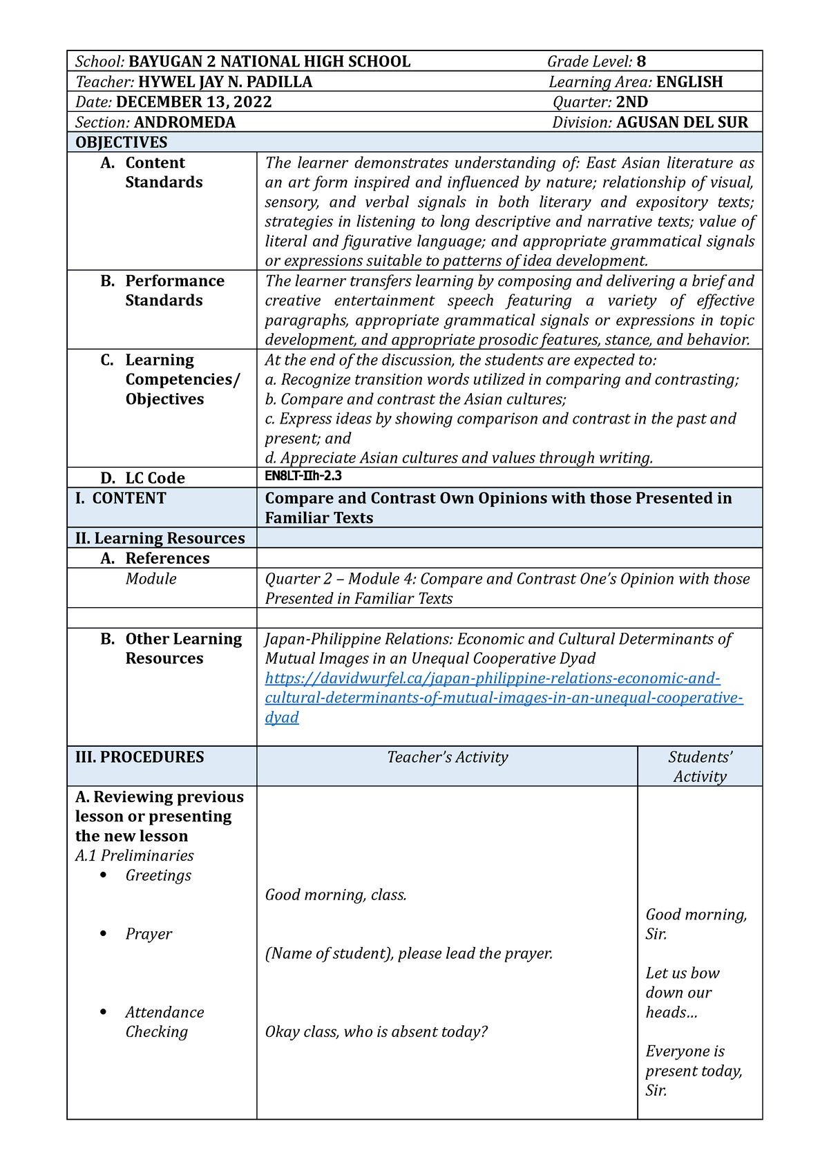 Lesson Plan B 2NHS - School: BAYUGAN 2 NATIONAL HIGH SCHOOL Grade Level ...