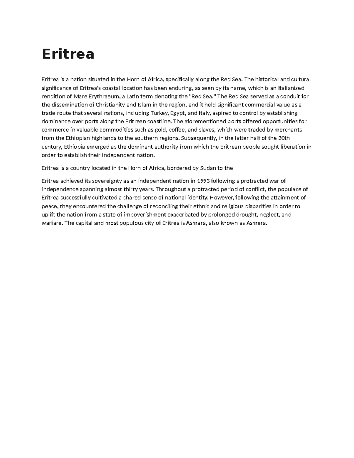 Eritrea - NOTES - Eritrea Eritrea is a nation situated in the Horn of ...