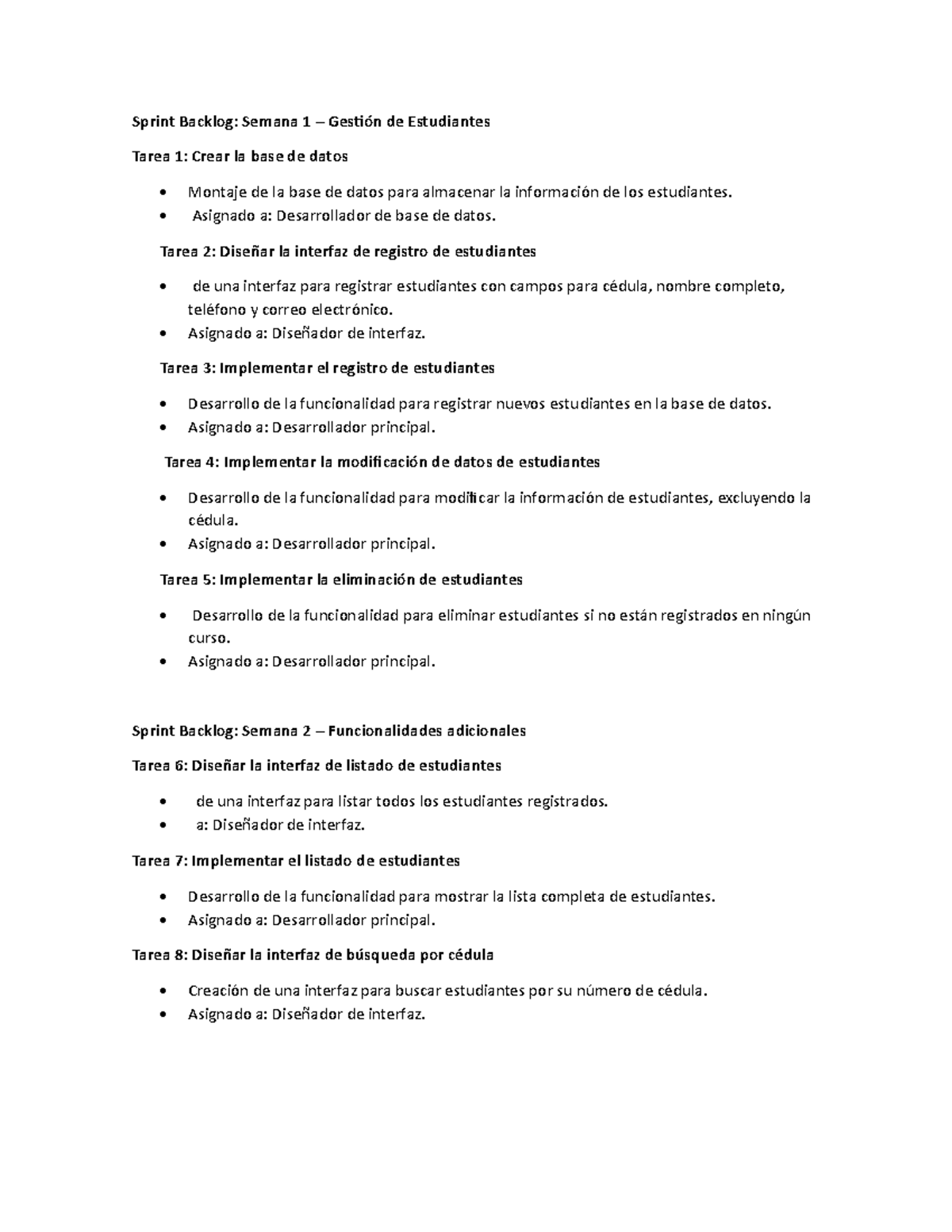 Sprint Backlog - Asignado a: Desarrollador de base de datos. Tarea 2 ...