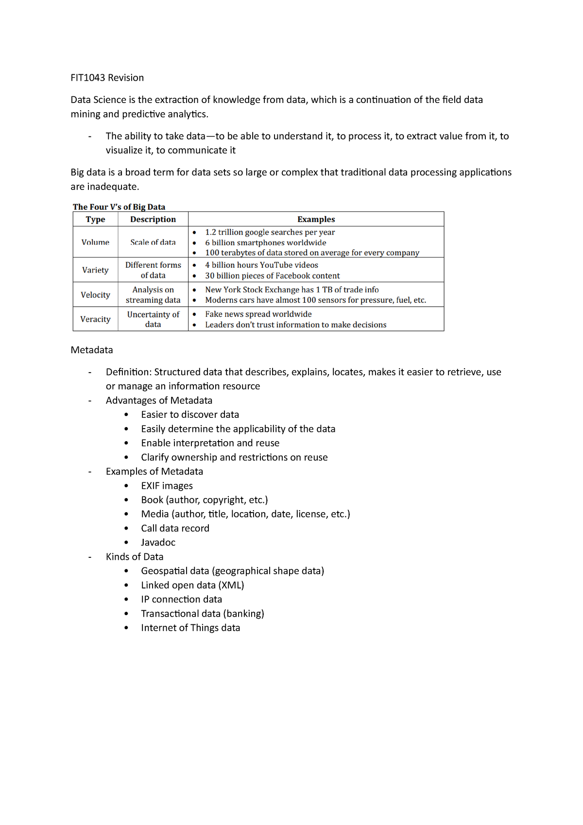 FIT1043 Revision - FIT1043 Revision Data Science Is The Extraction Of ...