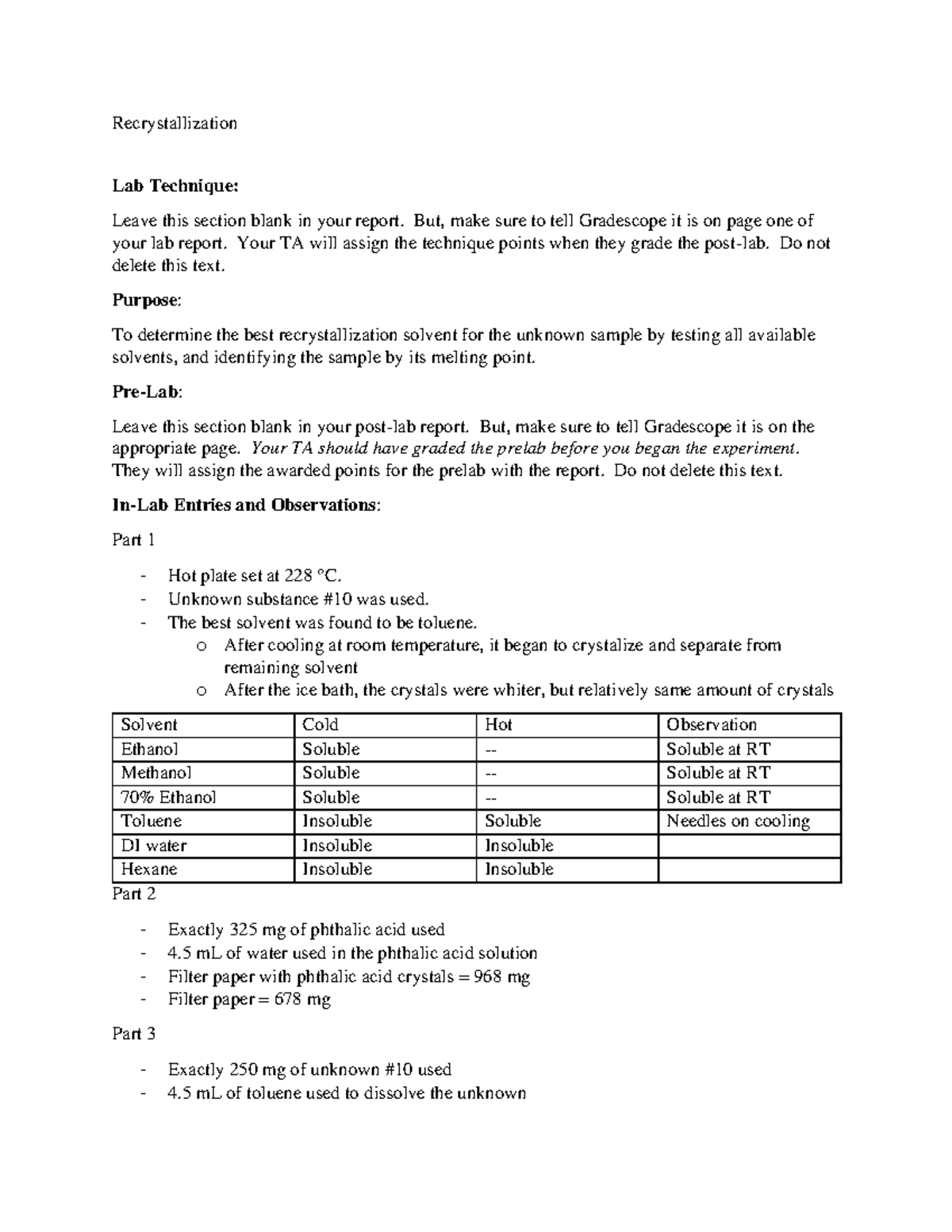 Recrystallization Lab Report - Recrystallization Lab Technique: Leave ...