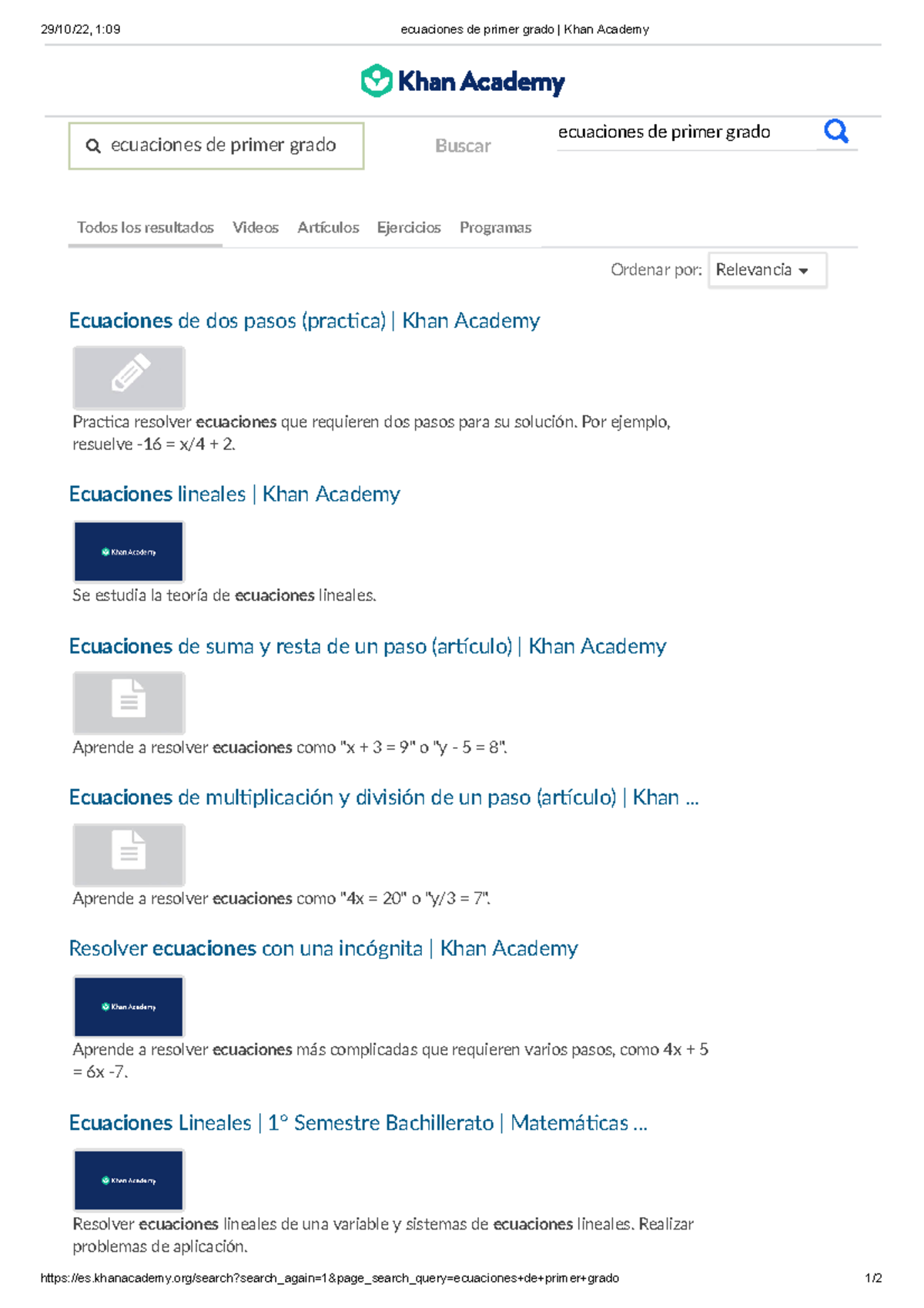 Ecuaciones de primer grado Khan Academy 29/10/22, 109 ecuaciones de