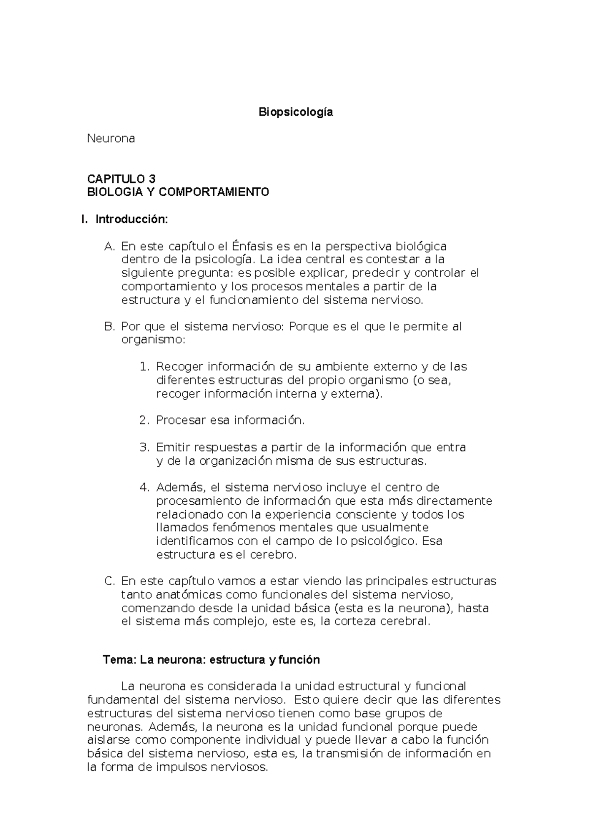 Semana 6 neurona sinapsis - Biopsicología Neurona CAPITULO 3 BIOLOGIA Y ...