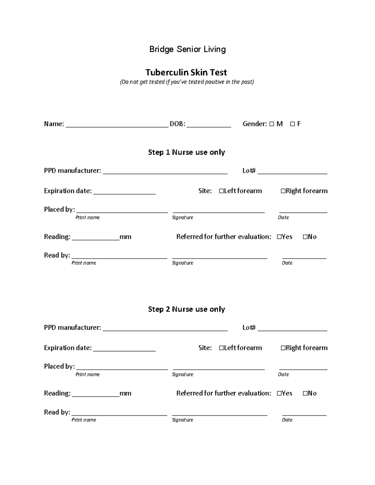 2 Step Mantoux Placement TB FORM - Bridge Senior Living Tuberculin Skin ...