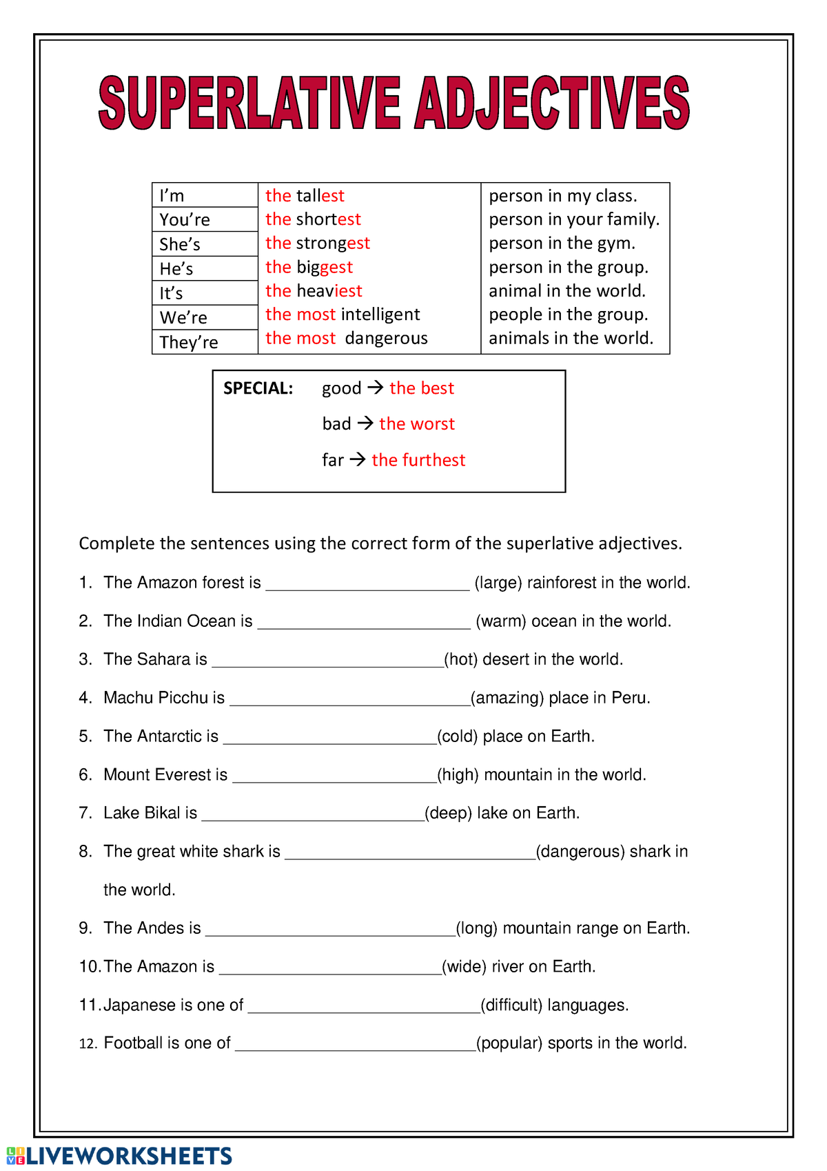 Superlative Activity - ejercicios - I’m the tallest the shortest the ...