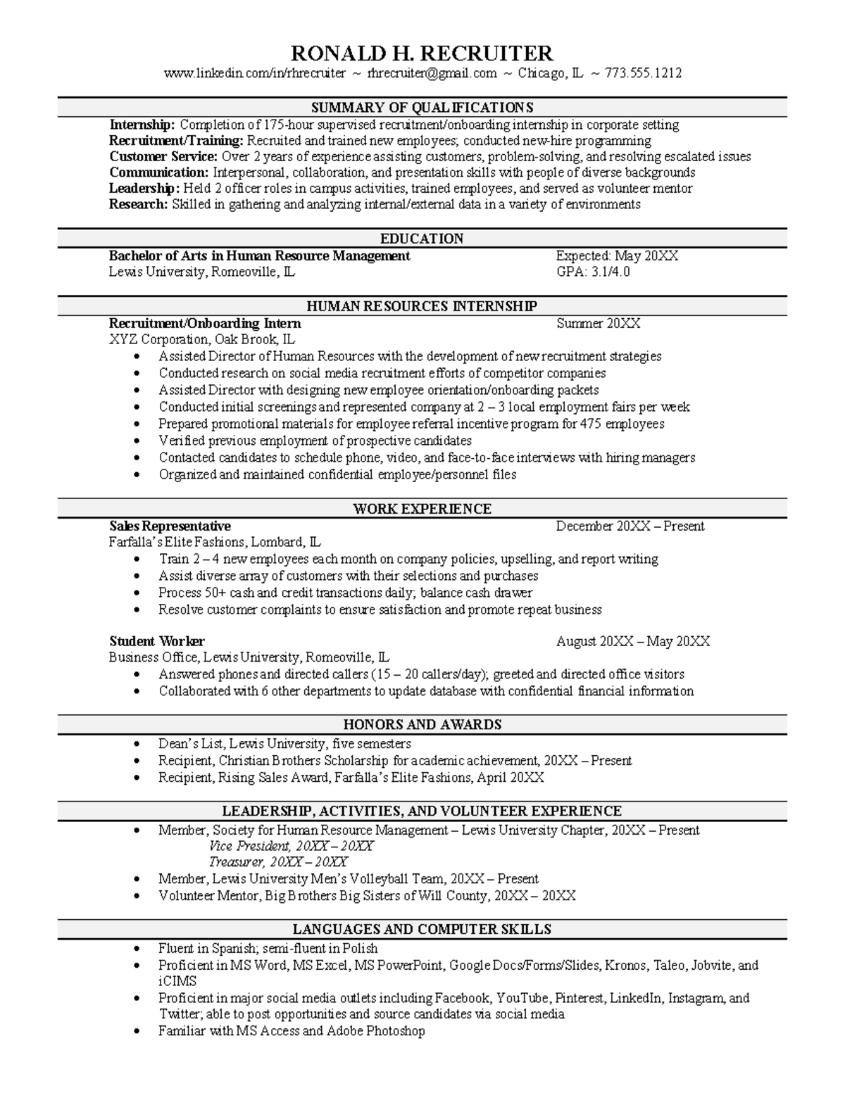 Resume-Sample - nothing - RONALD H. RECRUITER linkedin/in/rhrecruiter ...