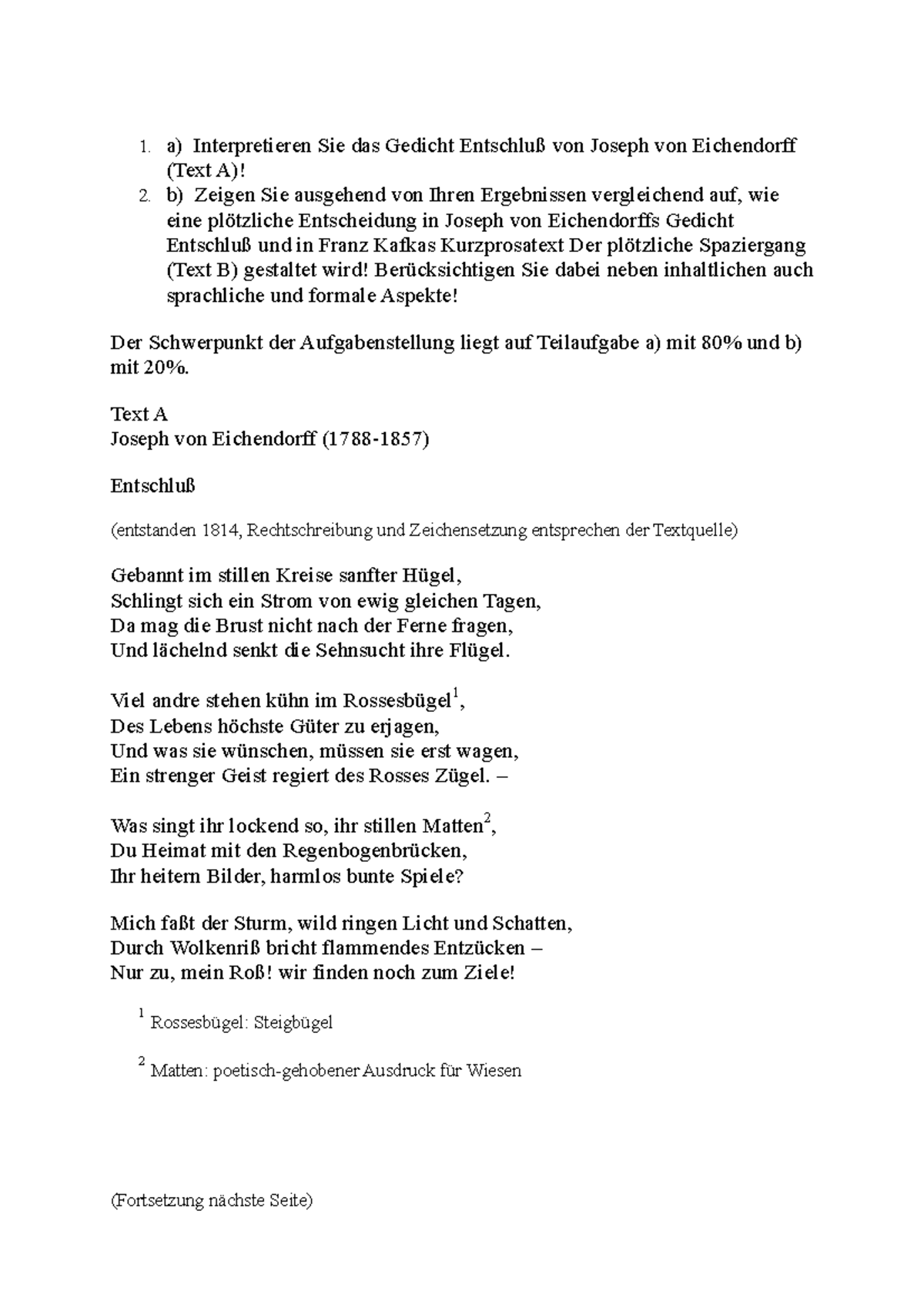 Mondnacht Joseph Von Eichendorff Analyse Gedichtanalyse Übung - 1. a) Interpretieren Sie das Gedicht Entschluß