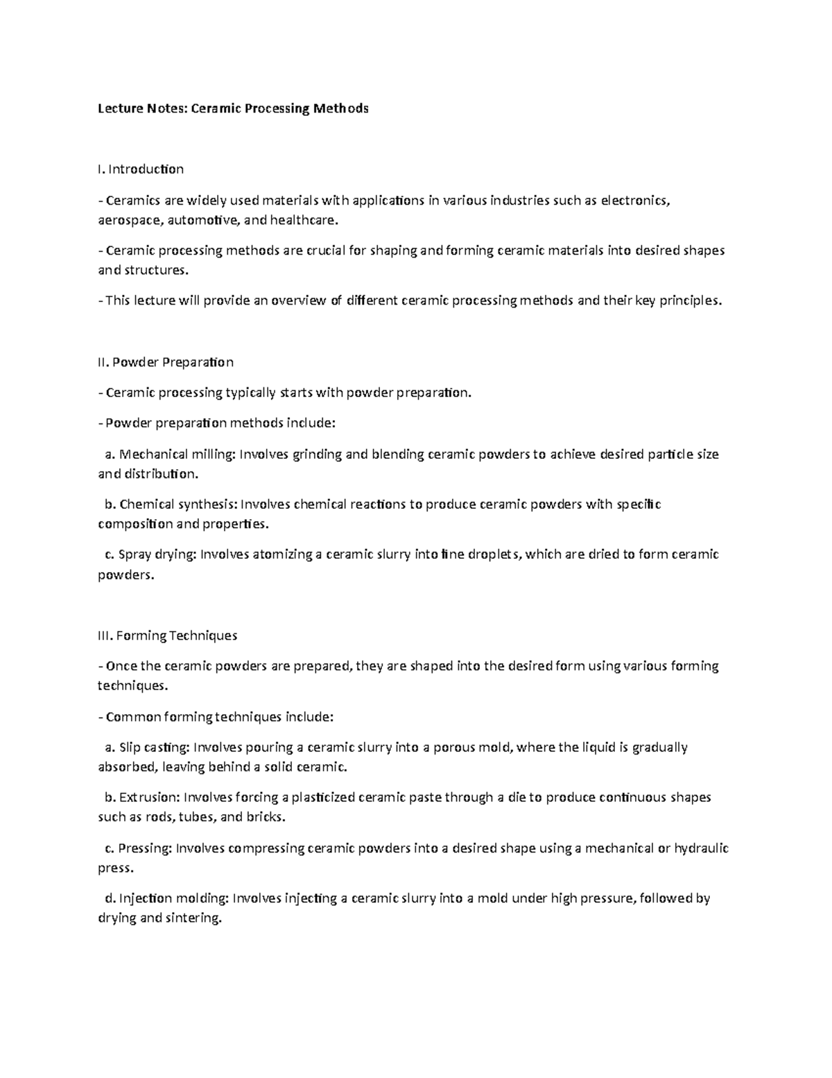 Lecture Notes: Ceramic Processing Methods - Introduction Ceramics are ...