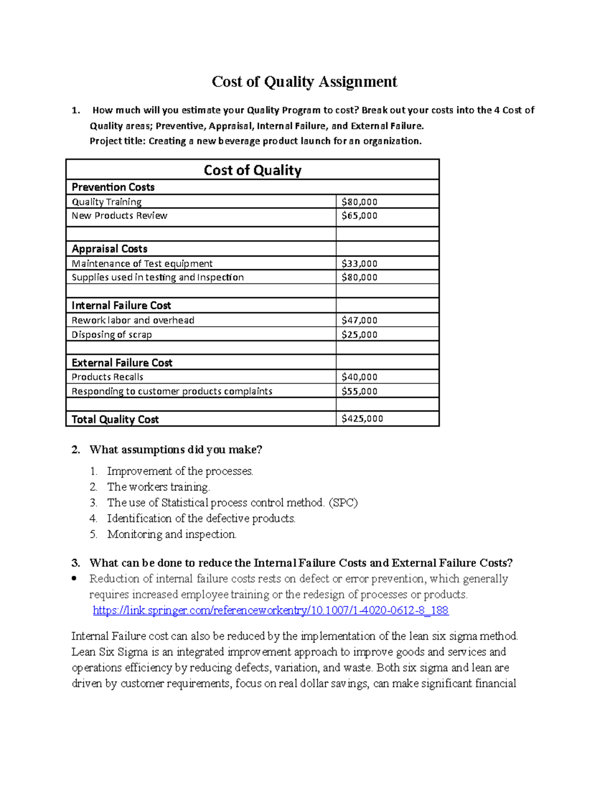 cost of quality assignment