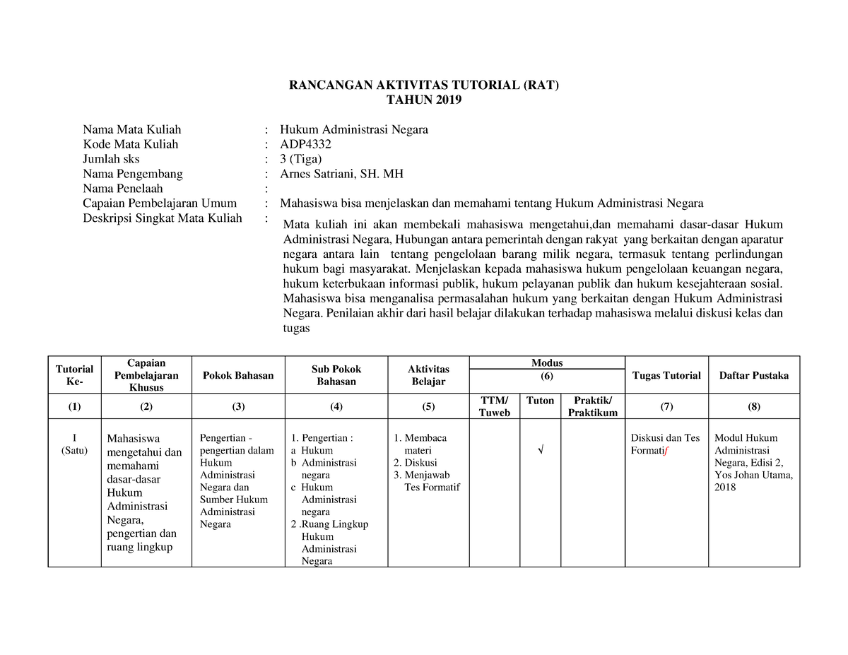 RAT Administrasi Negara - RANCANGAN AKTIVITAS TUTORIAL (RAT) TAHUN 2019 ...