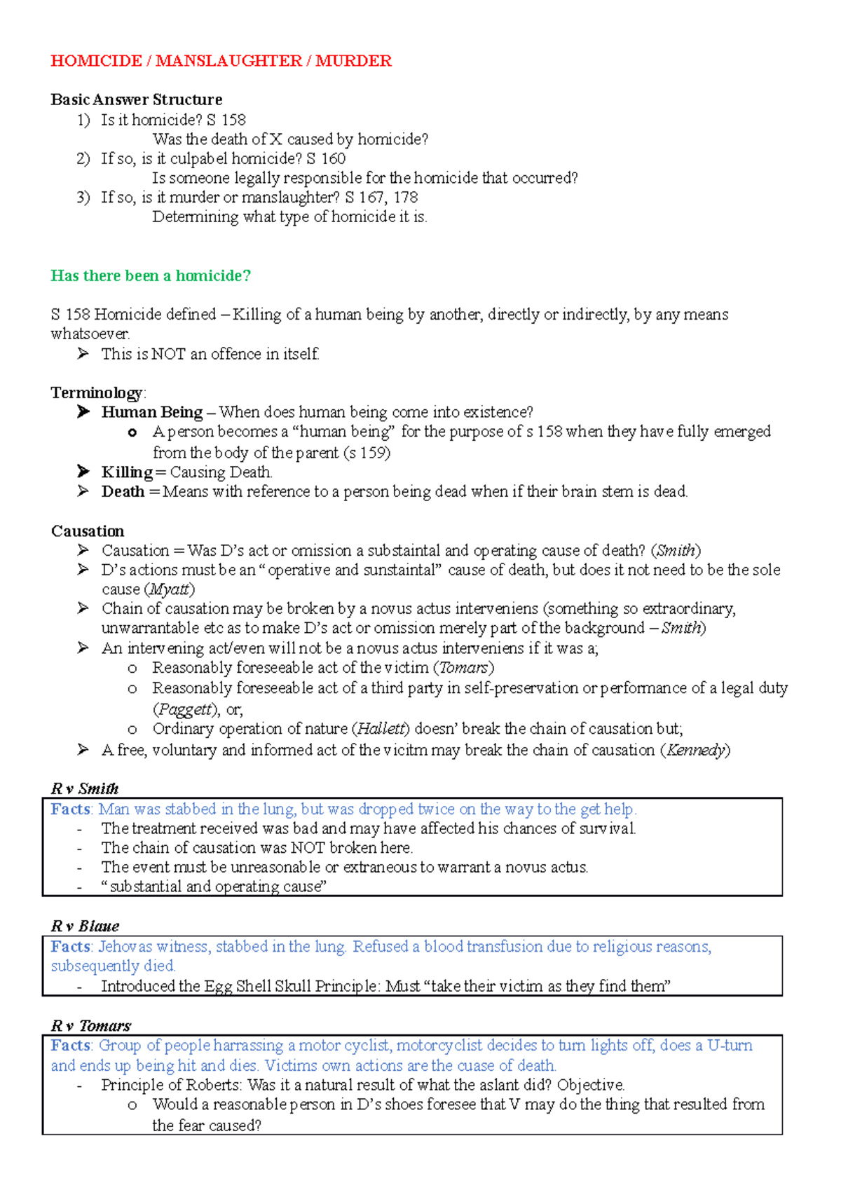 Homicide Skeleton - HOMICIDE / MANSLAUGHTER / MURDER Basic Answer ...