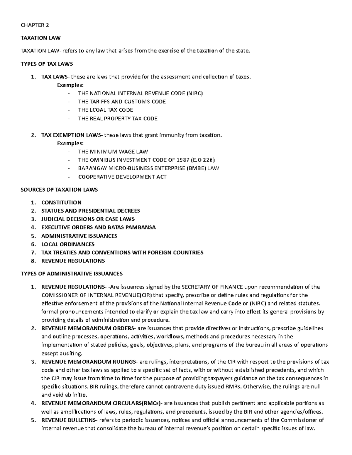 Chapter 2 - Lecture Notes - CHAPTER 2 TAXATION LAW TAXATION LAW- Refers ...