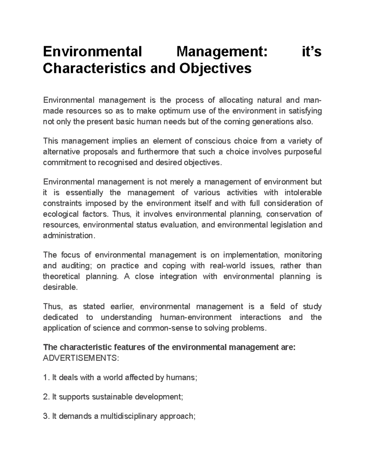 Environmental Management Characteristics and Objectives - Environmental ...