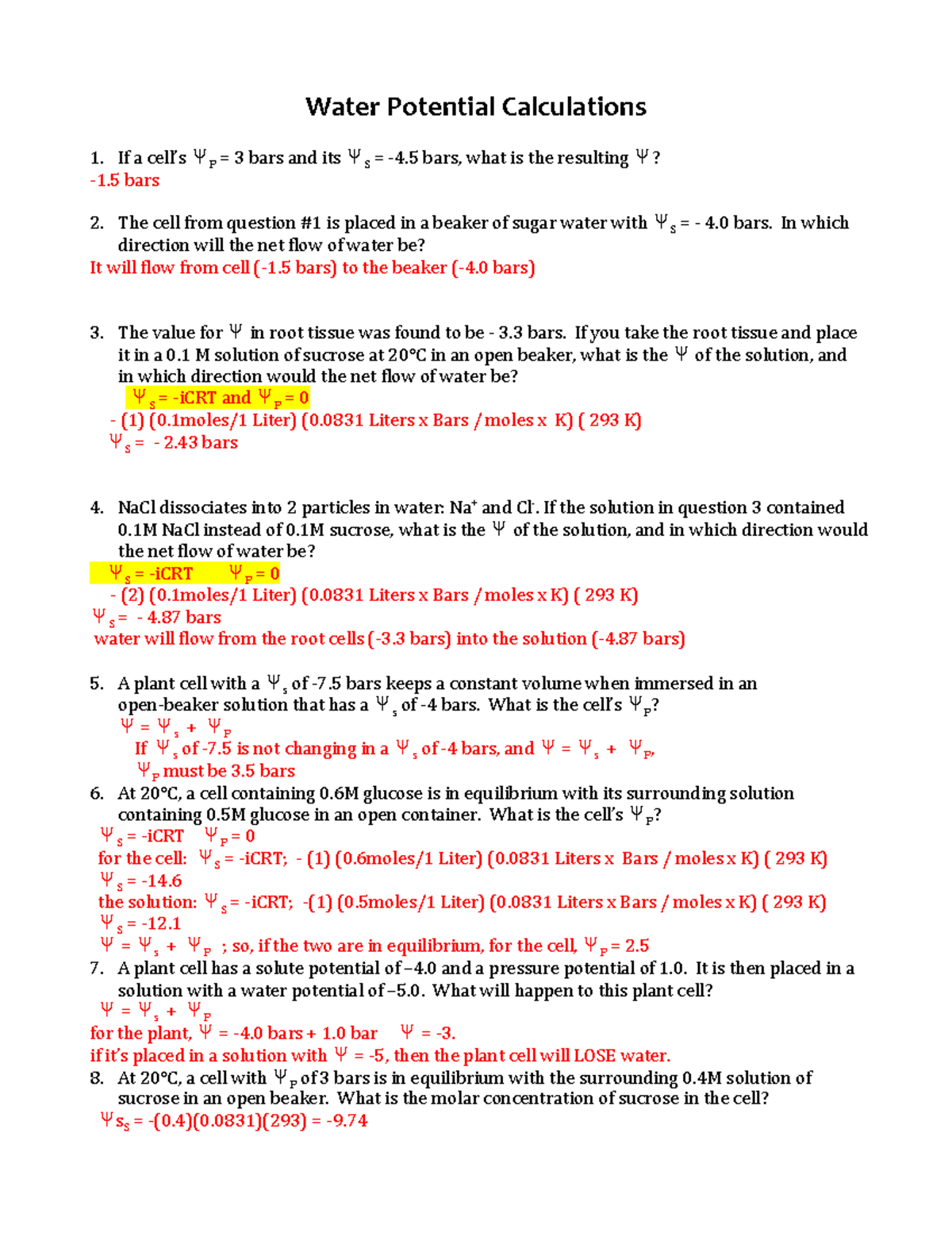 WaterPotentialPracticeQuestionsu0c5br Water Potential