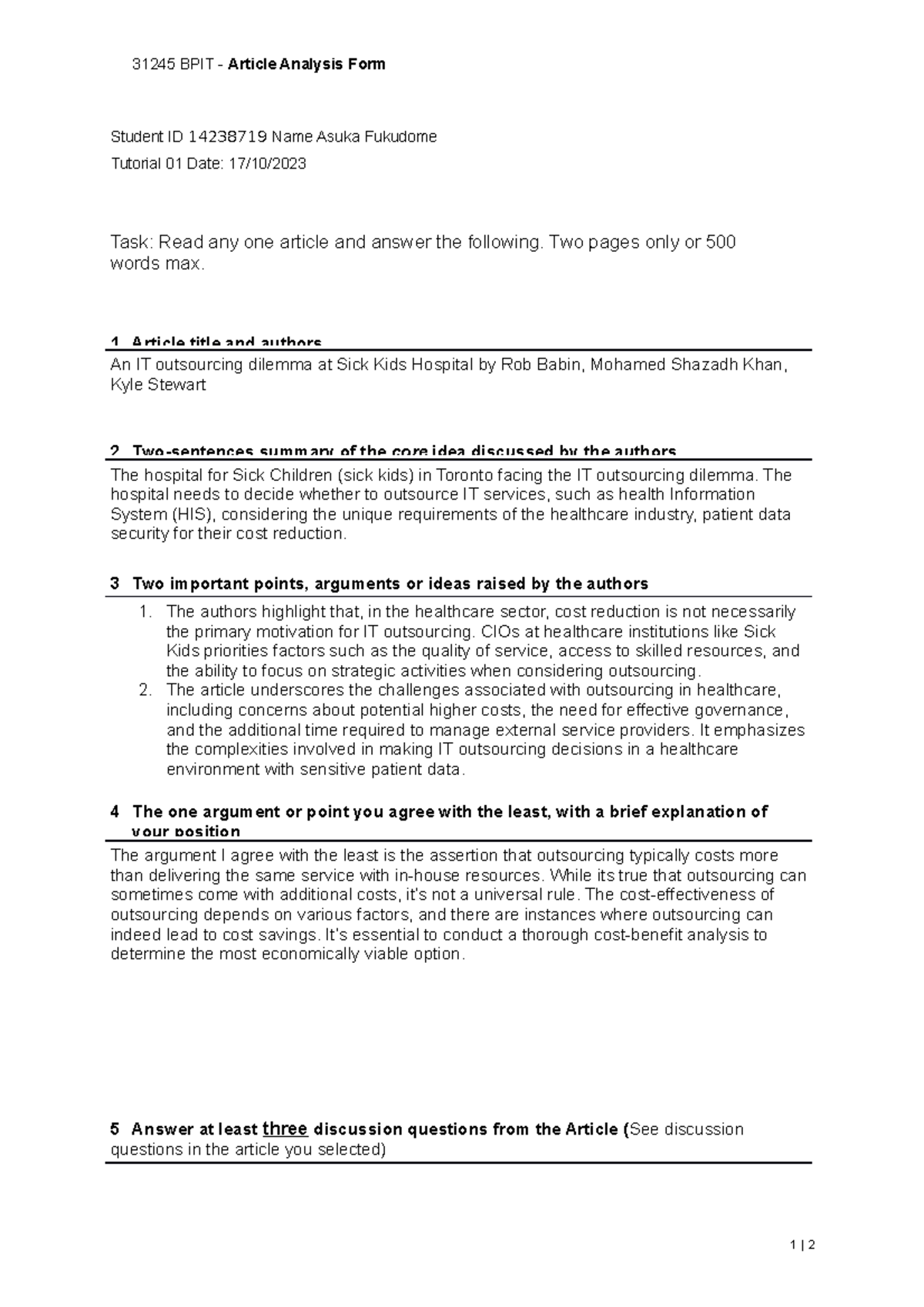 31245 Article Analysis Form - 31245 BPIT - Article Analysis Form ...