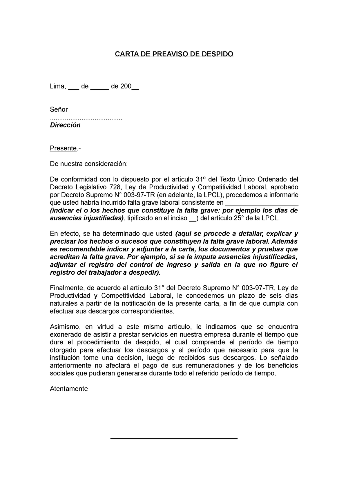 Carta Pre Aviso Despido Modelo Carta De Preaviso De Despido Lima De De 200 Señor 7499