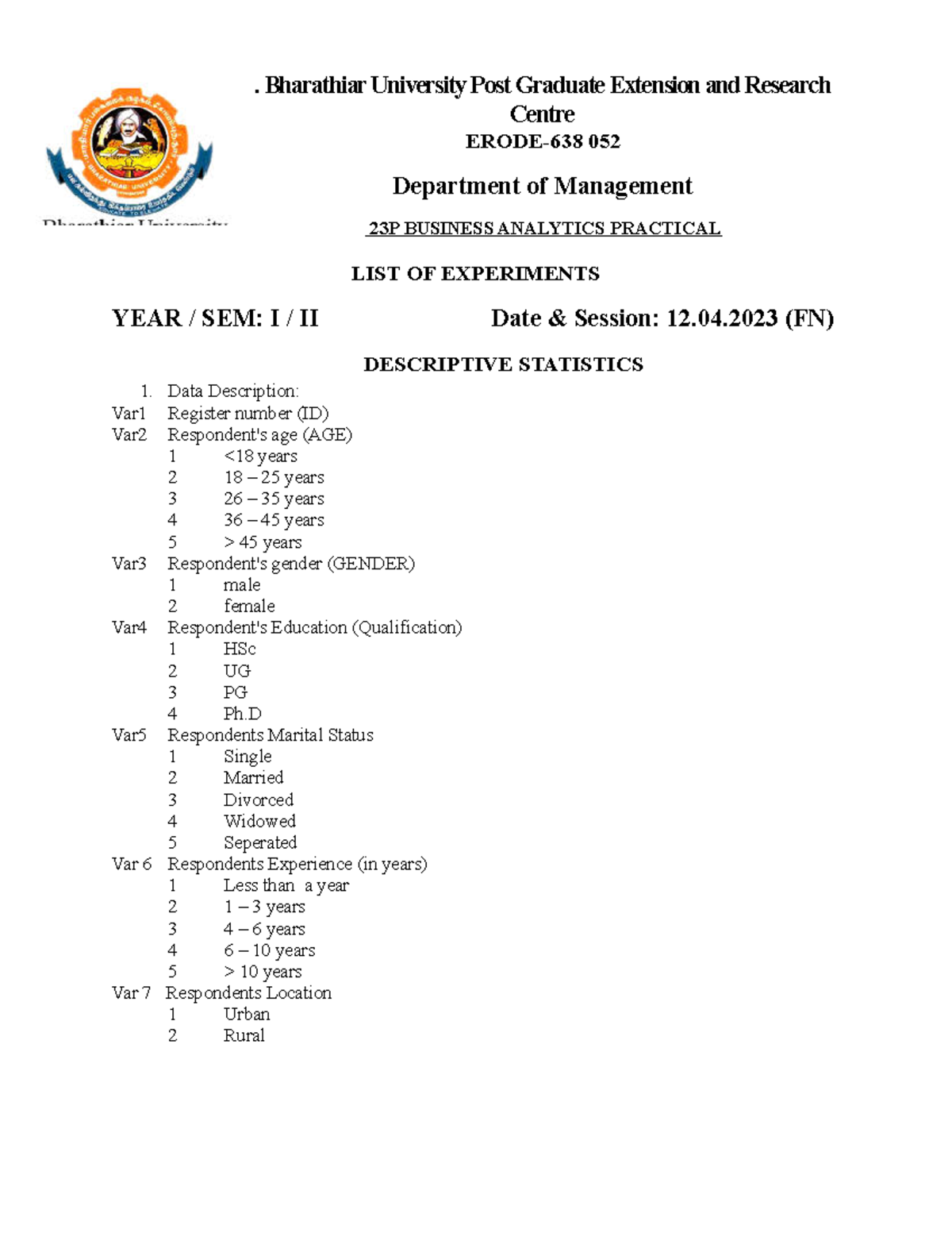 Ba lab - . Bharathiar University Post Graduate Extension and Research ...
