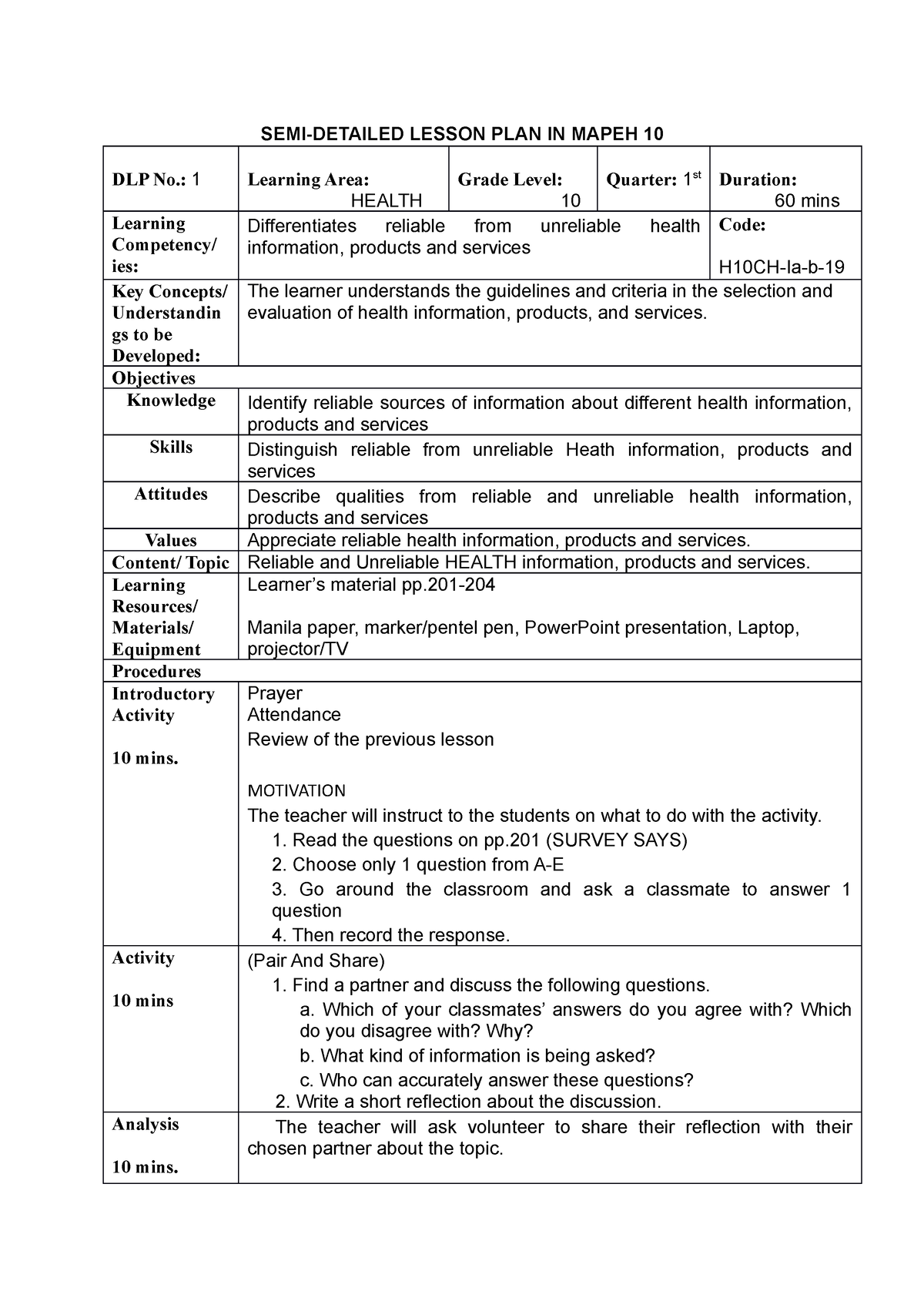 Health 10 L1 Q1 MELCs - Copy - SEMI-DETAILED LESSON PLAN IN MAPEH 10 ...