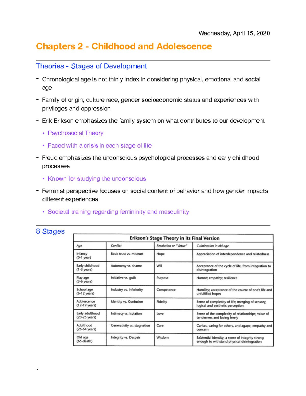 Chapters 2 & 3 Childhood and Adolescence / Adult and Autonomy ...